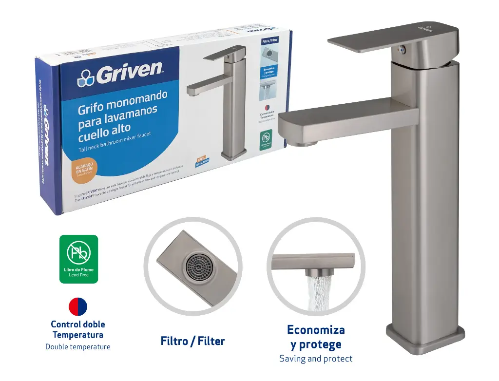 Grifo monomando para lavamanos bowl satinado cuadrado 12" griven