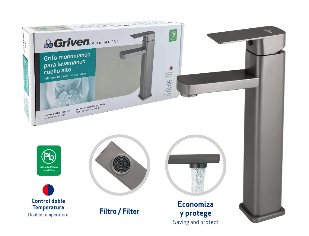 Grifo monomando para lavamanos bowl gun metal cuadado 12" griven