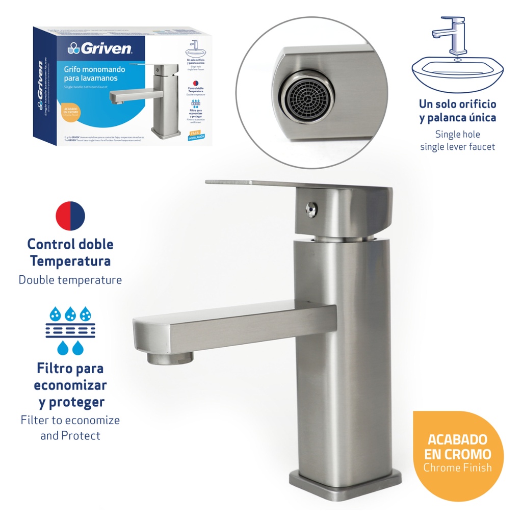 Grifo monomando para lavamanos satinado cuadrado griven