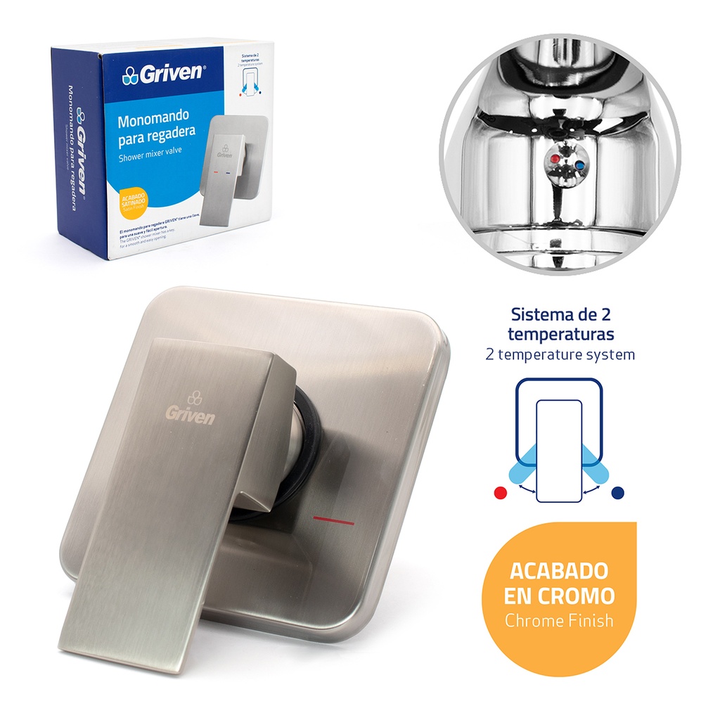 monomando para regadera cuadrado satinado griven