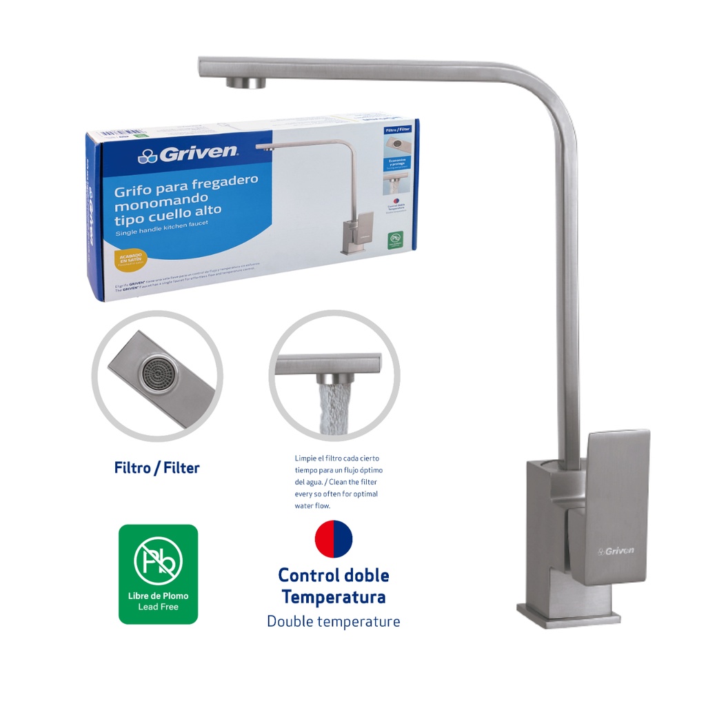 Grifo de fregador monomando satin plana griven