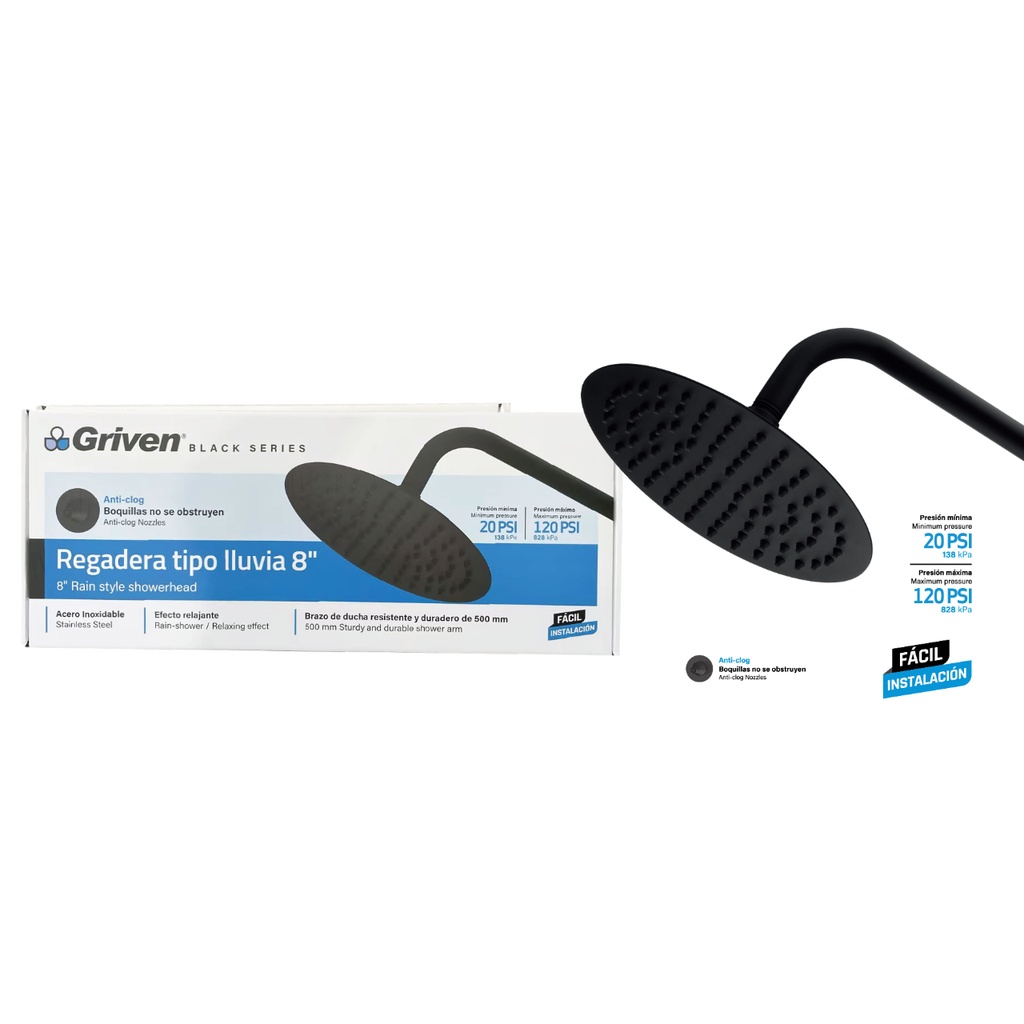 regadera negra 8" redonda 50cm griven