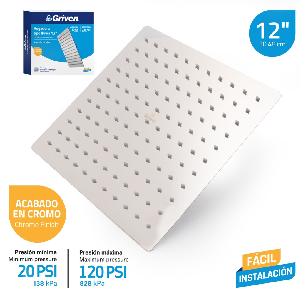 Regadera cuadrada cromada 12" griven