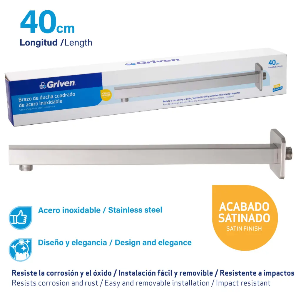 Brazo satinado cuadrado 40cm de ducha  