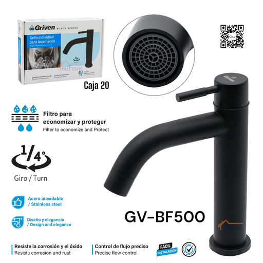 [gv-bf500] Grifo individual de lavamanos negro