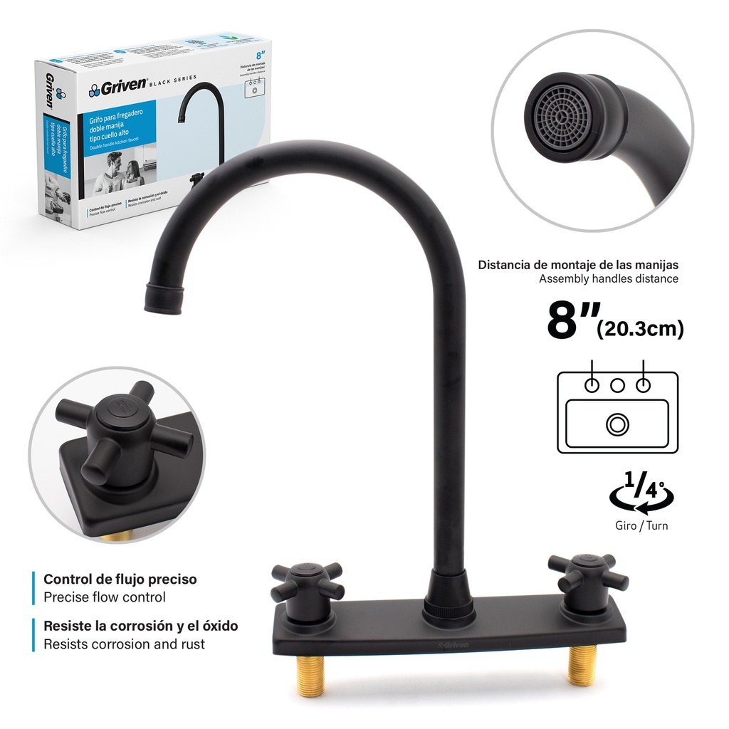 Grifo doble de fregador negro cruz griven