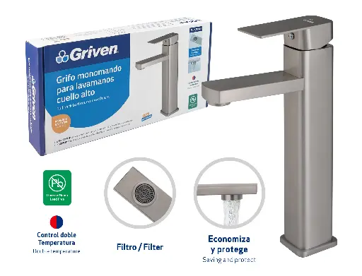 [gv-tmsf-sq-3-8] Grifo monomando para lavamanos bowl satinado cuadrado 12" griven