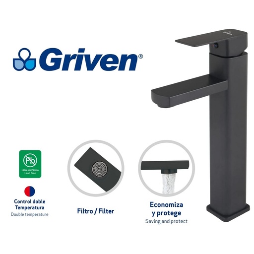 [gv-tmbf-sq-3-8] Grifo monomando para lavamanos bowl negro cuadado 12" griven