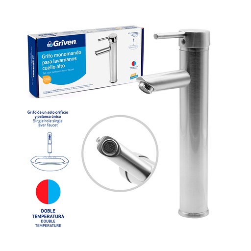 [gv-tmsf-1] Grifo monomando para lavamanos bowl satinado redondo 12" griven