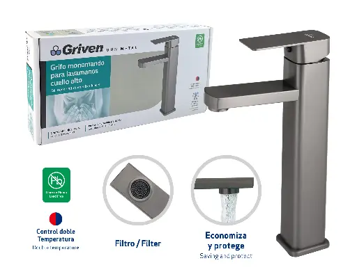 [gv-tmqf-sq] Grifo monomando para lavamanos bowl gun metal cuadado 12" griven