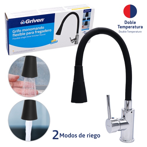 [a367-sh700b-bk] Grifo de fregador monomando flexible negro griven