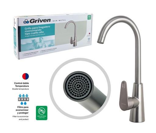 [GV-QHF-602-3-8] Grifo de fregador monomando gun metal griven