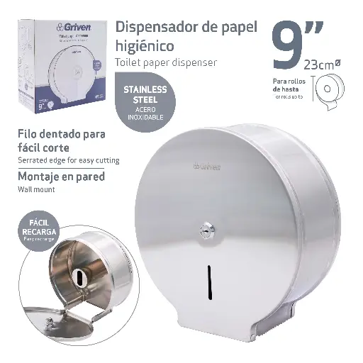 [gv-tob-ss] Dispensador de Papel Higiénico 9" de Acero Inoxidable Griven 