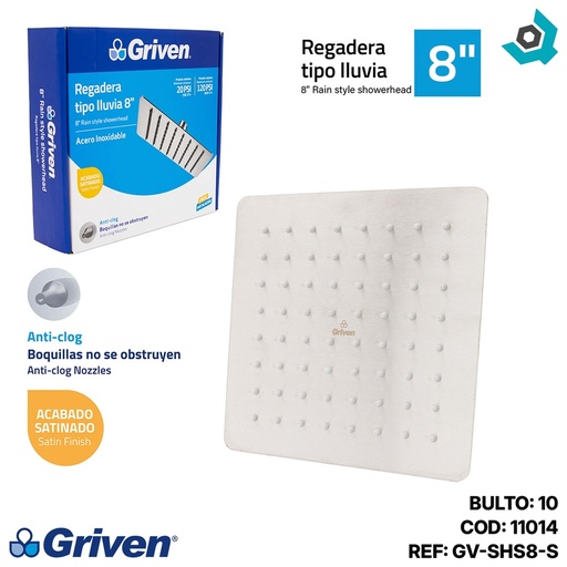 [GV-SHS8-S] REGADERA CUADRADA 8" SATINADA SOLA GRIVEN