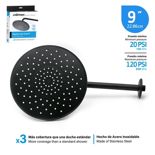 [a367-shb-3] regadera redonda negra 9" griven