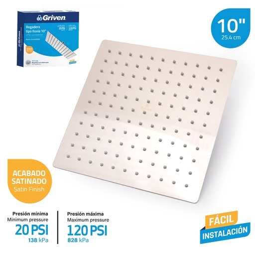 [GV-SHS10-S] Regadera cuadrada satinada 10" griven