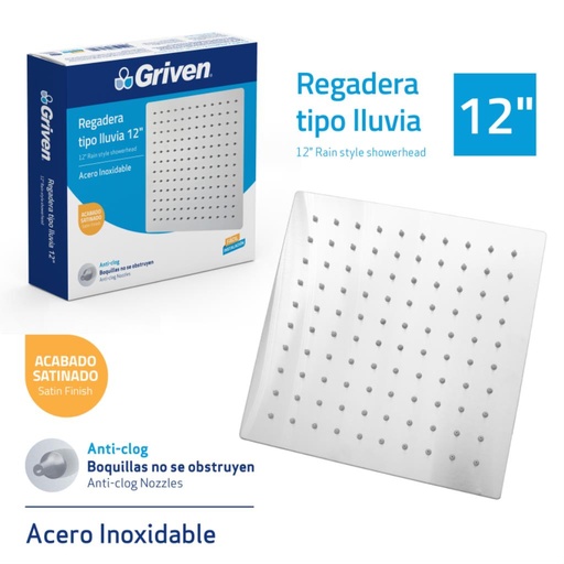 [gv-shs12-s] Regadera cuadrada satinada 12" griven